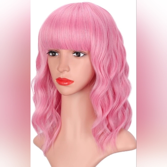 14 Inch Pink Wavy Synthetic Hair Bang Wig - Picture 1 of 4